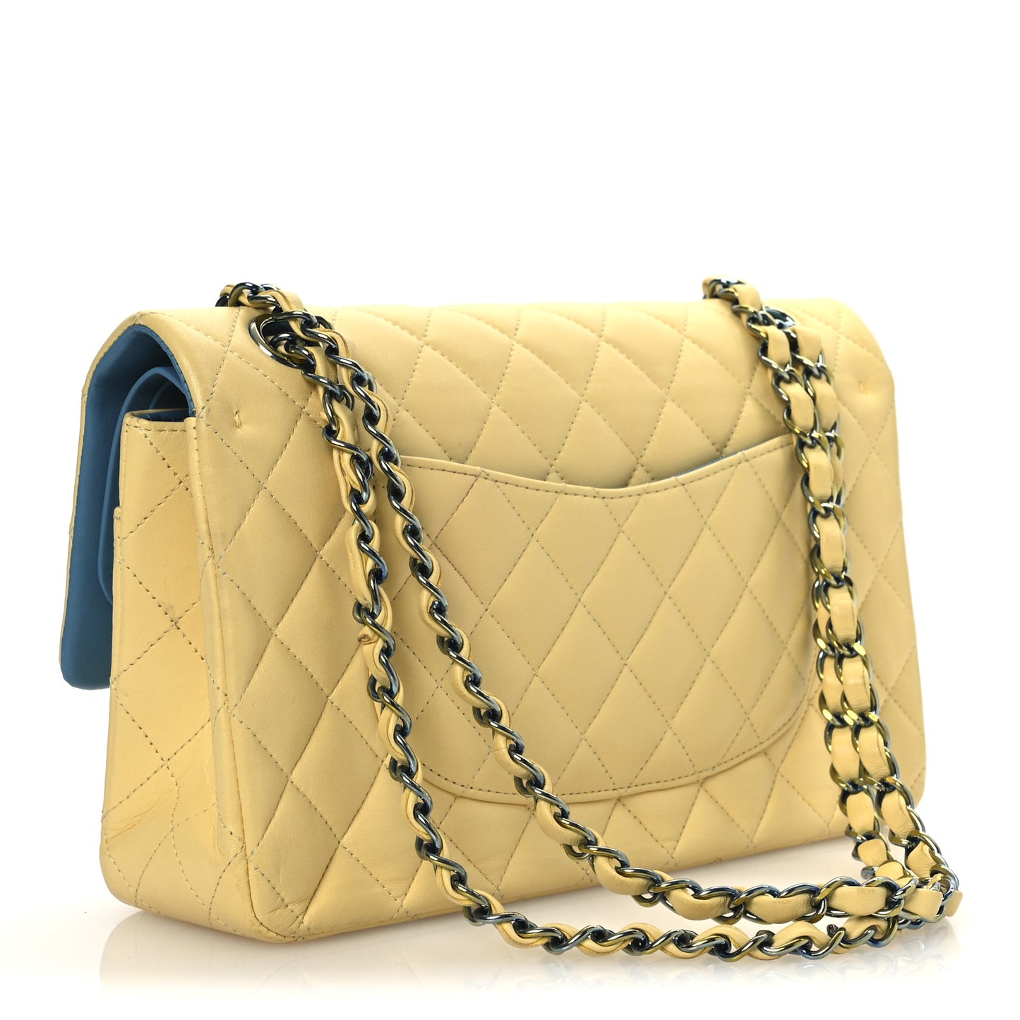 Lambskin Quilted Medium Double Flap Yellow Blue
