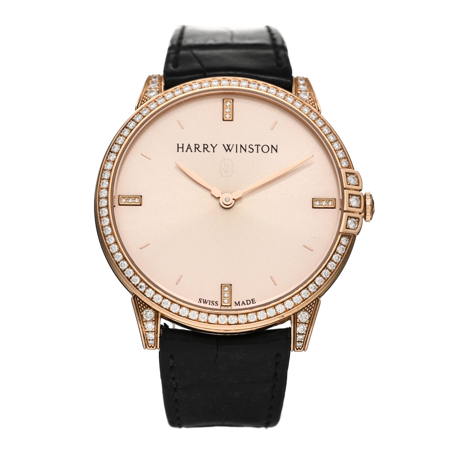 18K Rose Gold Alligator Diamond Bezel 39mm Midnight Quartz Watch Champagne