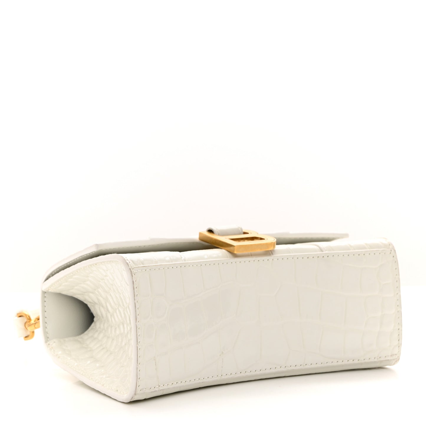 Shiny Calfskin Crocodile Embossed Hourglass Top Handle Bag XS White