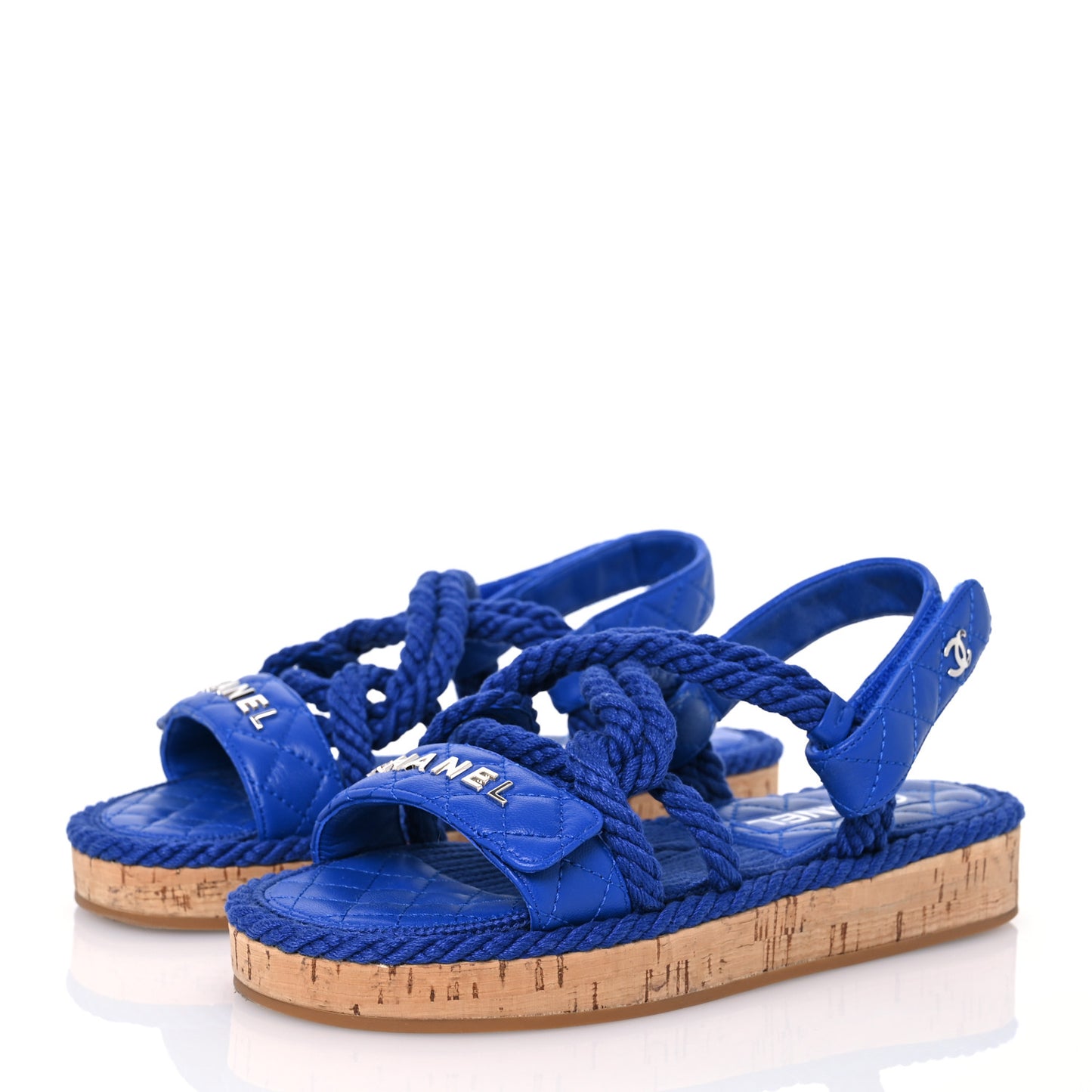 Cord Lambskin Quilted Logo Sandals 36 Blue