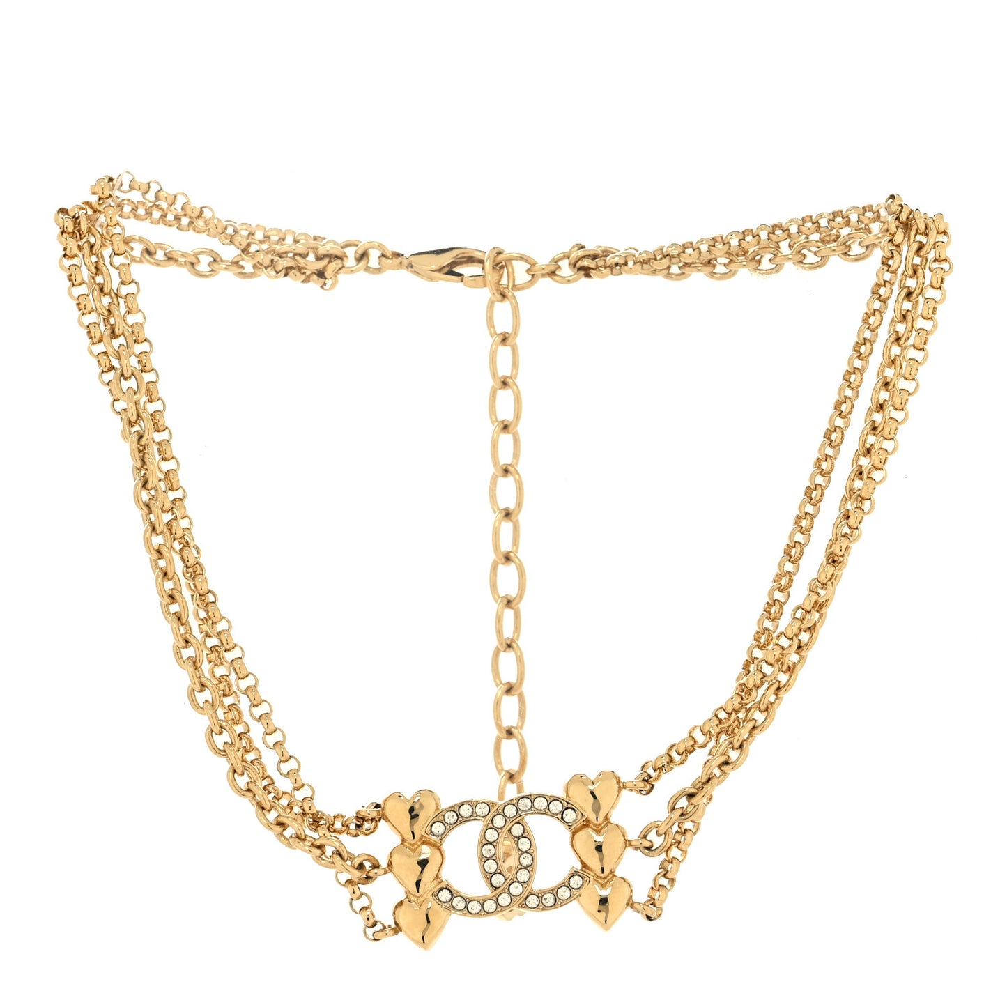 Crystal CC Heart Link Multi Strand Choker Necklace Gold