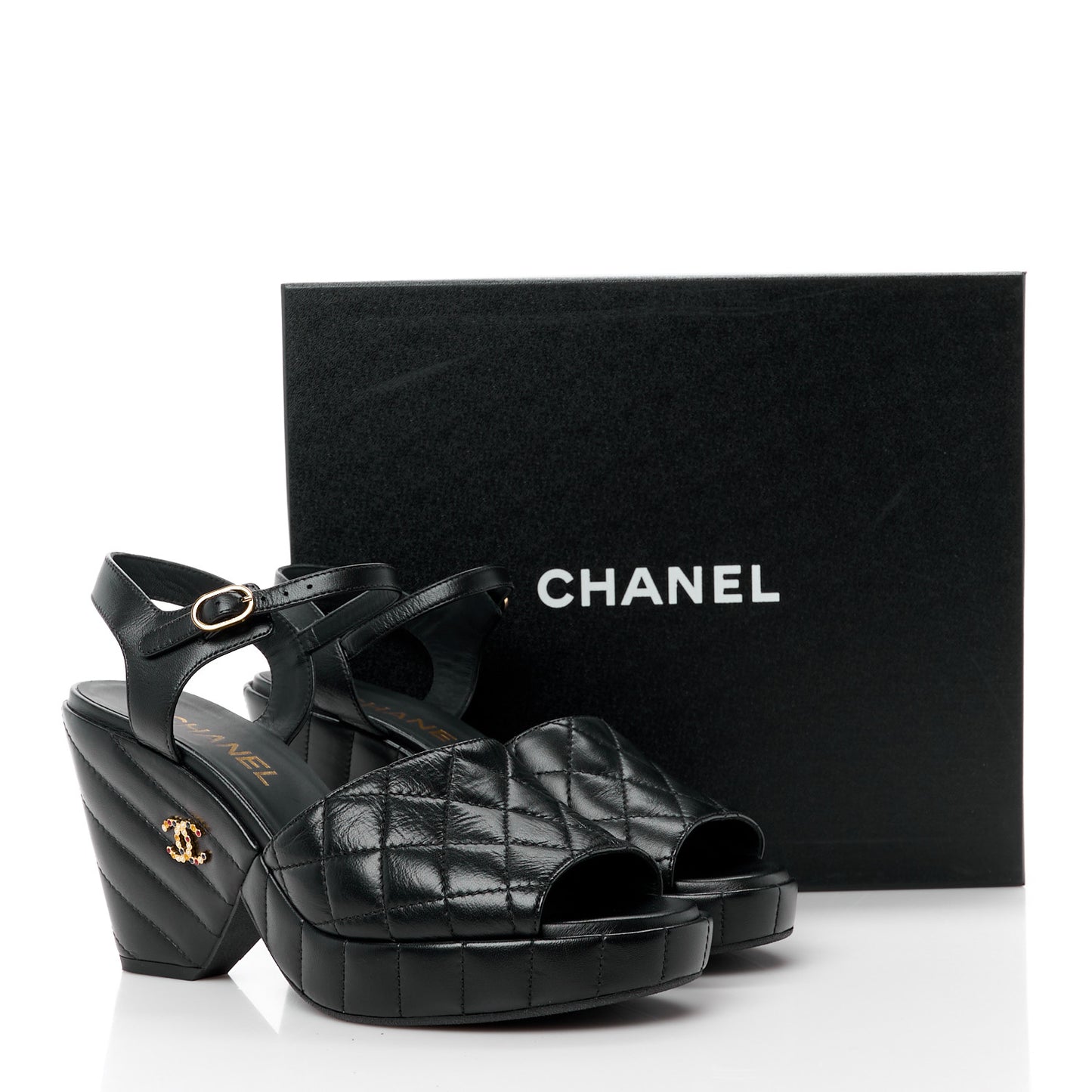 Lambskin Quilted Peep Toe Wedge Sandals 38.5 Black