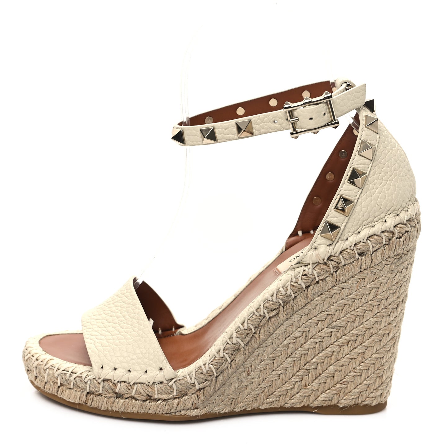 Grained Calfskin Rockstud Ankle Strap Espadrille Wedge Sandals 35 Light Ivory