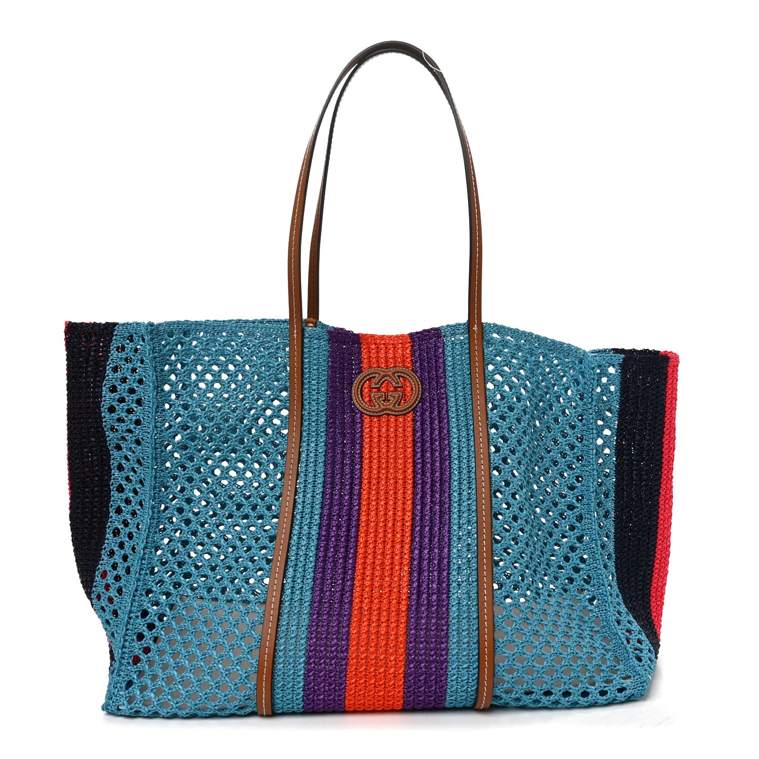 Gucci Raffia Web Woven Interlocking G Tote Blue Multicolor 1915156