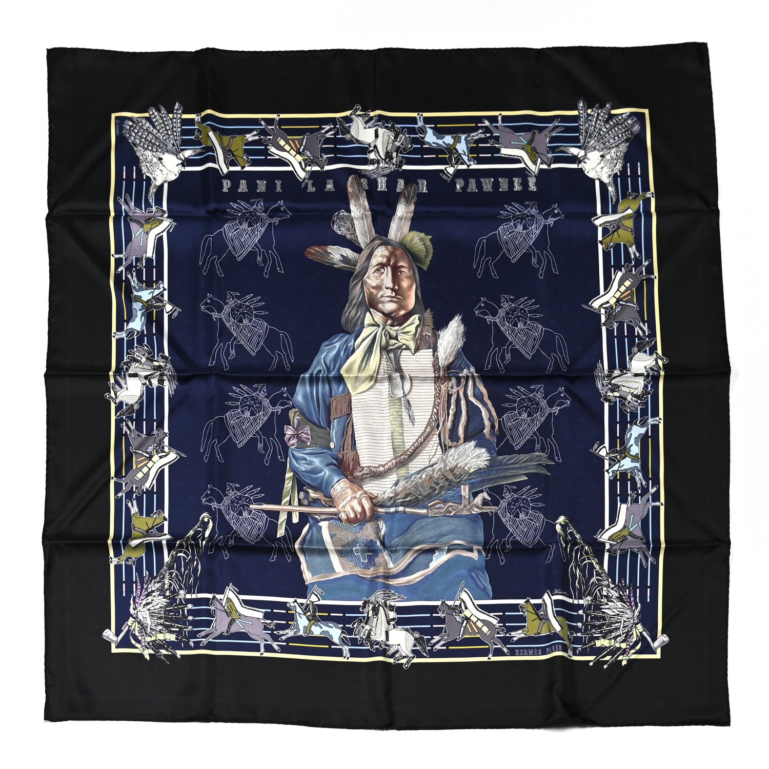 Hermes Silk Double Face Pani La Shar Pawnee Scarf 90 Black Marine