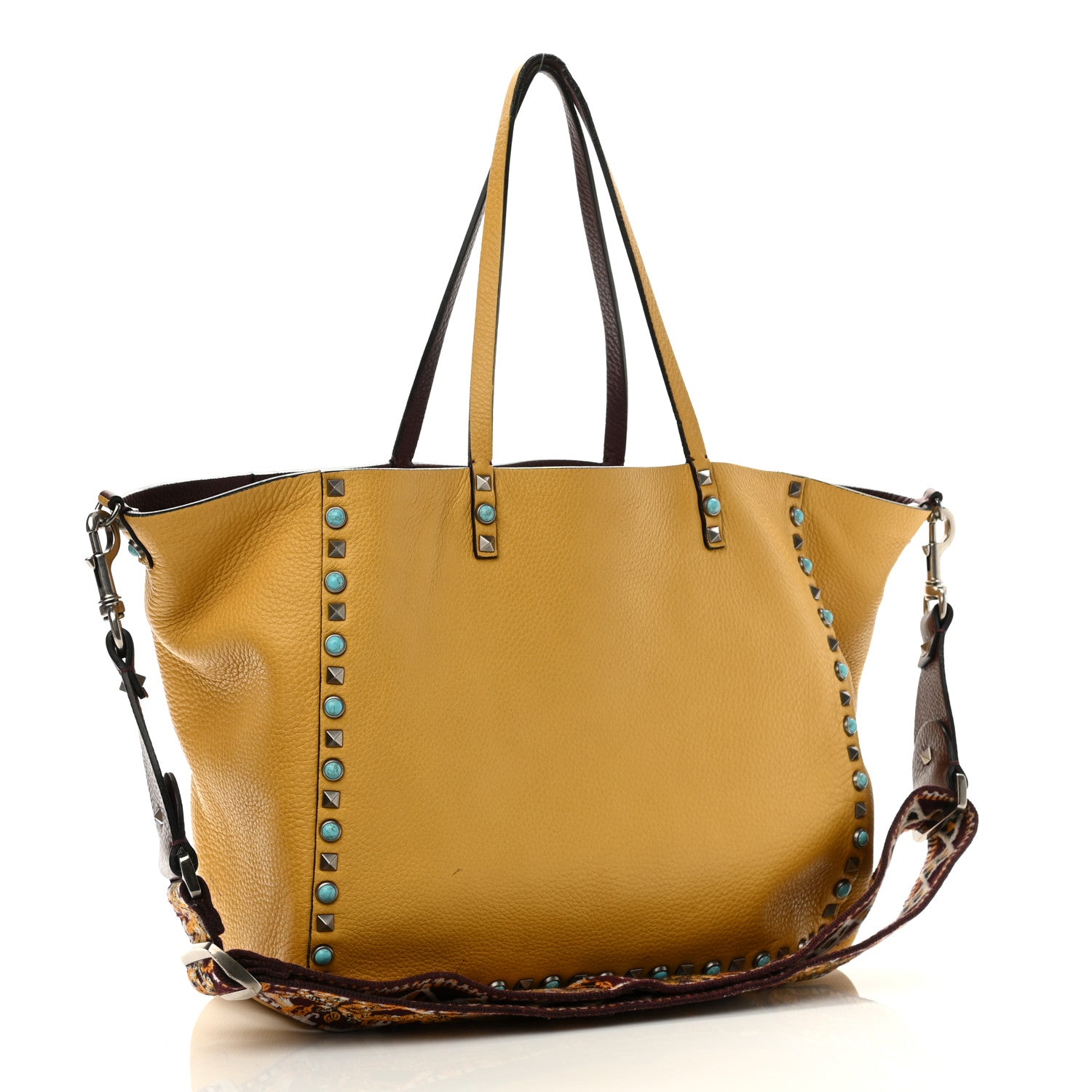 Valentino Garavani Stampa Alce Calfskin Medium Guitar Strap Rockstud Rolling Reversible Tote Wine Yellow 5 of 18