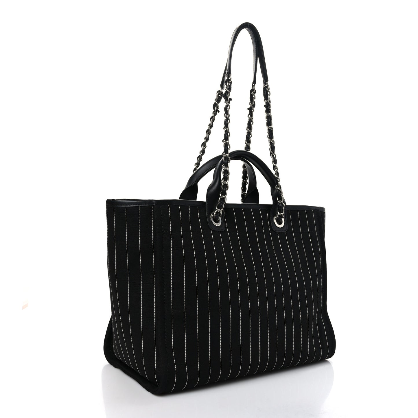Canvas Calfskin Striped Medium Deauville Tote Black White