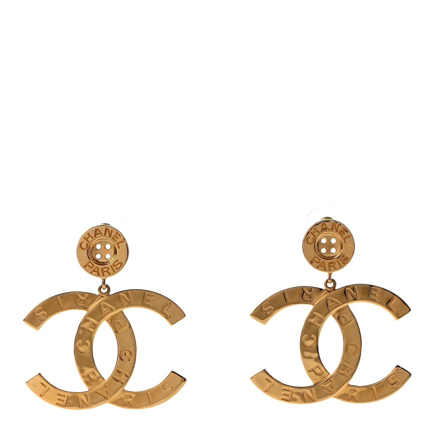 Chanel Metal Large Paris Button Earrings Gold 1 of 4