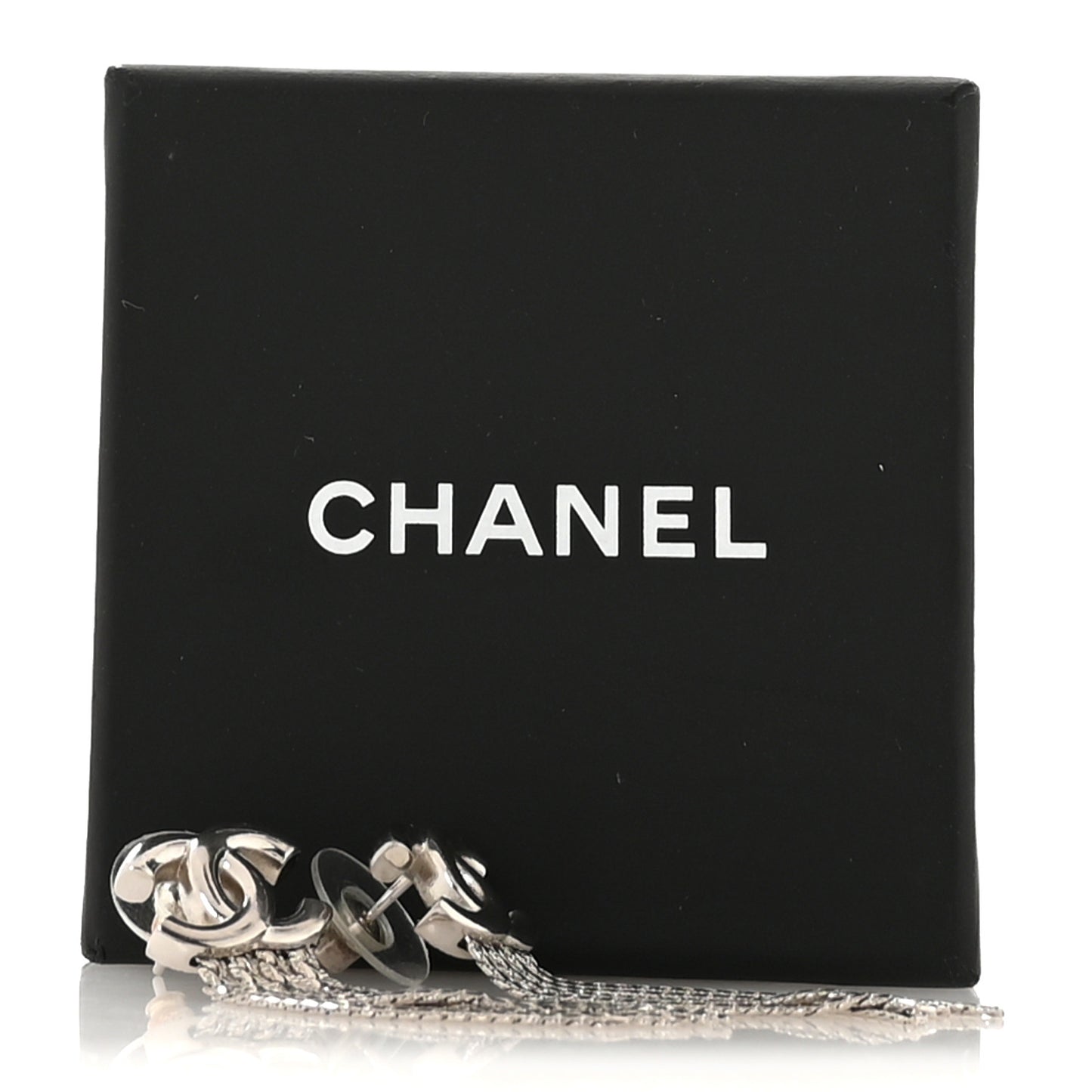 Metal Chain CC Drop Earrings Silver
