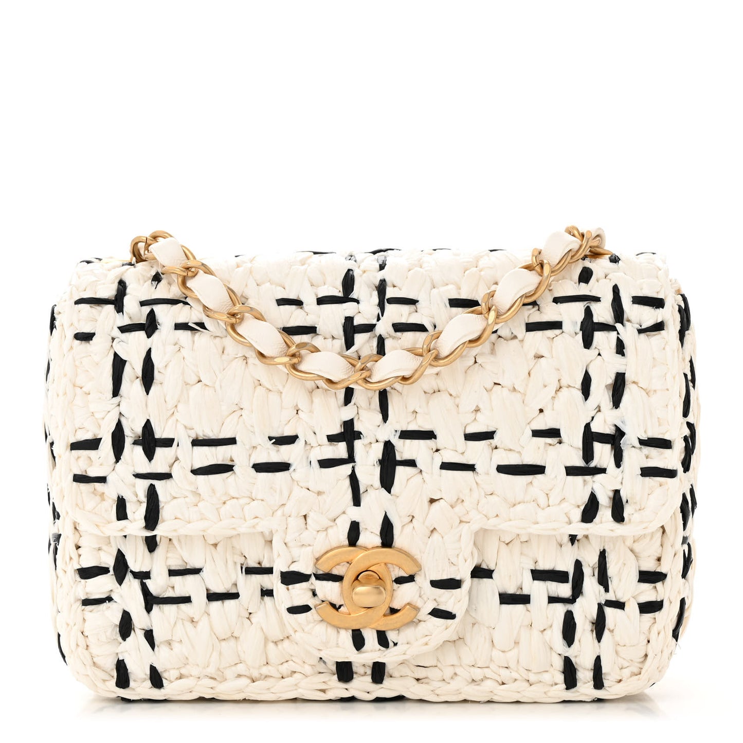 Raffia Effect Tweedy Mini Flap Bag White Black