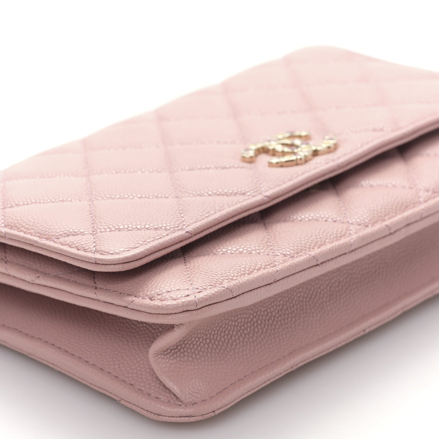 Shiny Caviar Enamel Quilted CC Wallet On Chain WOC Pink