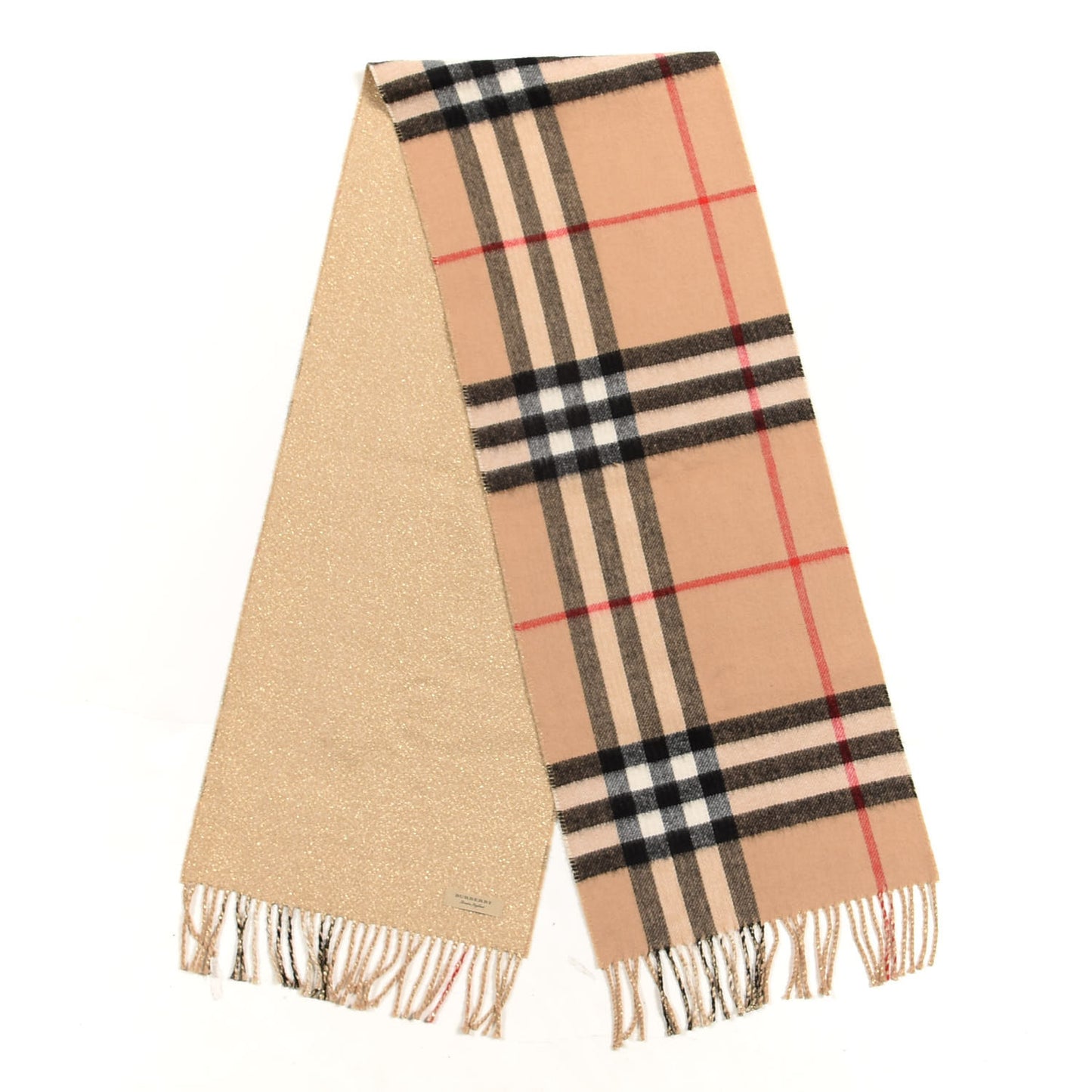 Metallic Cashmere Reversible Check Fringe Scarf Camel Gold