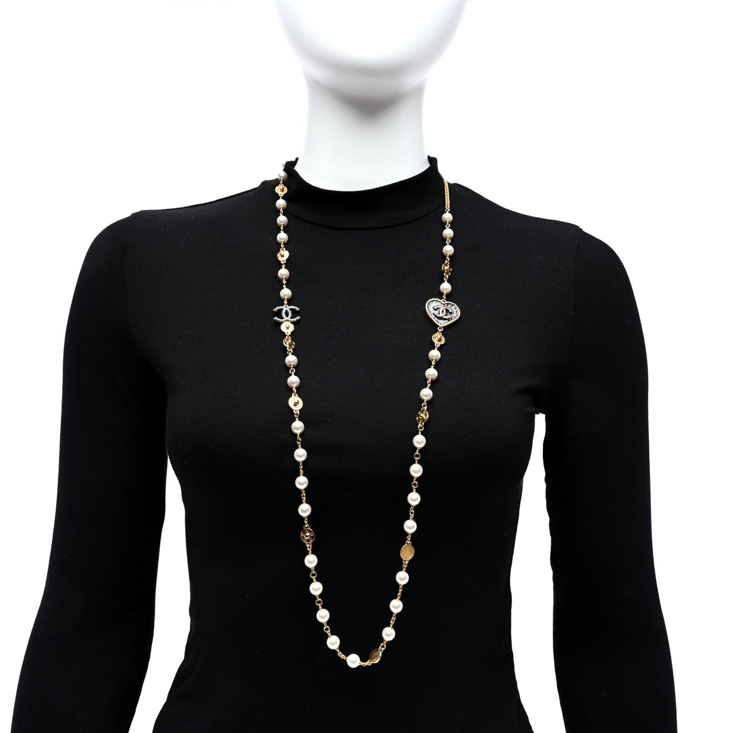 Metal Enamel CC Denim Heart Long Necklace Gold Black White