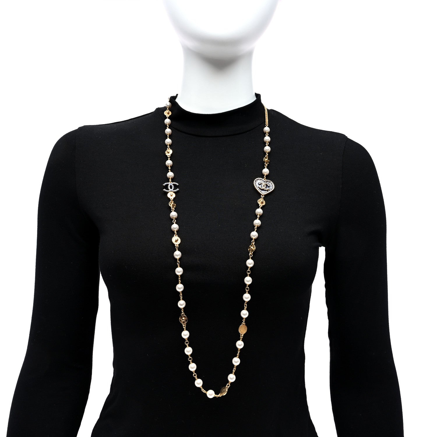 Chanel Metal Enamel CC Denim Heart Long Necklace Gold Black White 2 of 4
