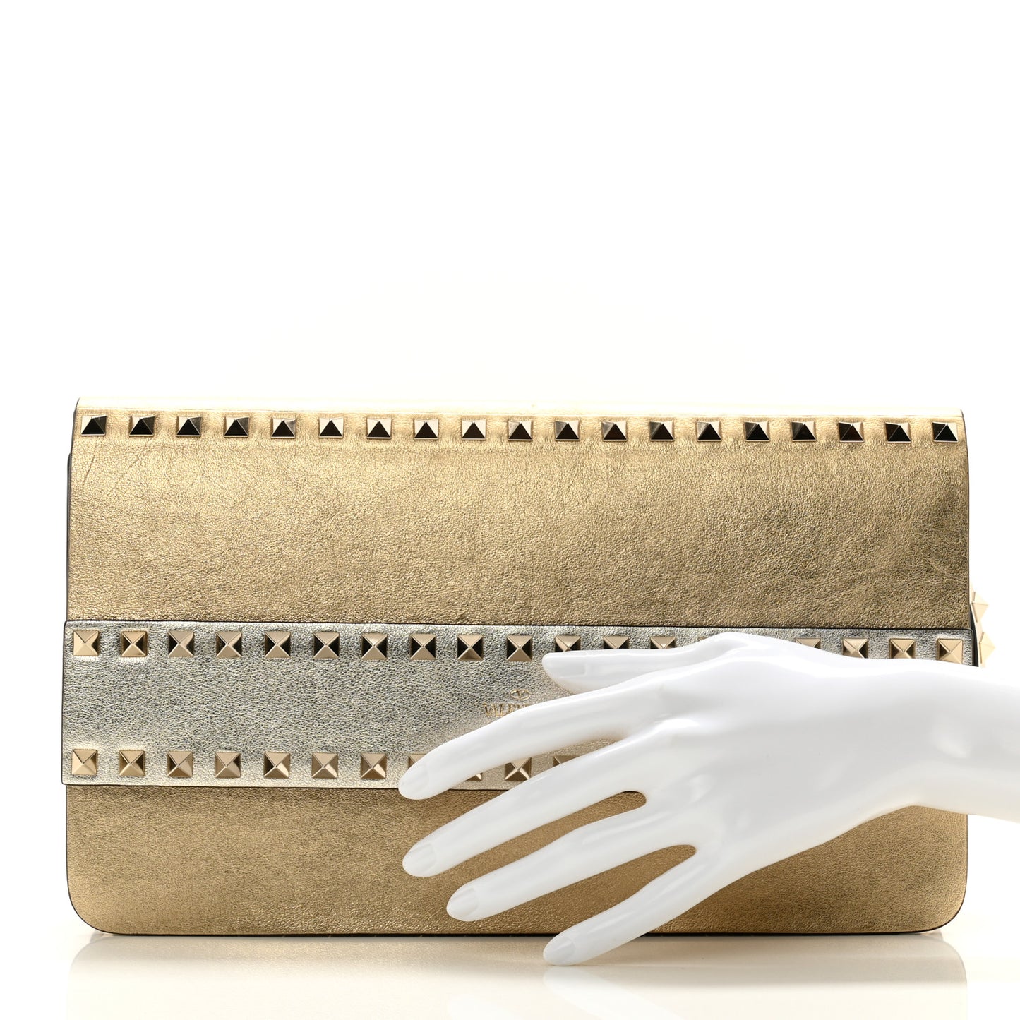 Metallic Calfskin Rockstud Side Slip Wristlet Clutch Gold