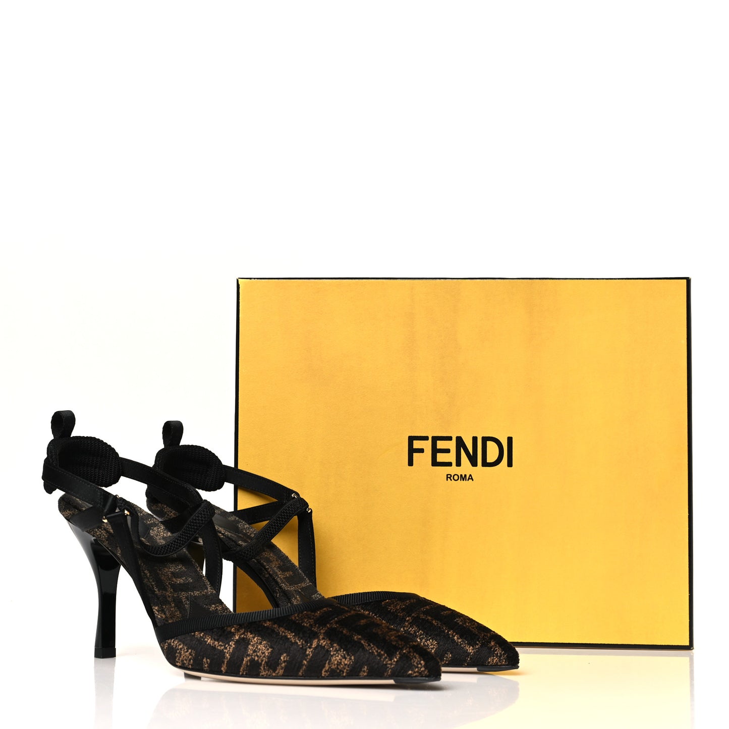 Fabric Jacquard FF Colibri Lite 85mm Slingback Pumps 40 Tobacco Black
