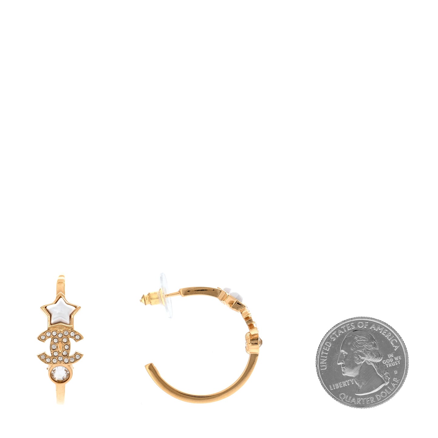Metal Crystal Pearl CC Star Hoop Earrings Gold Pearly White