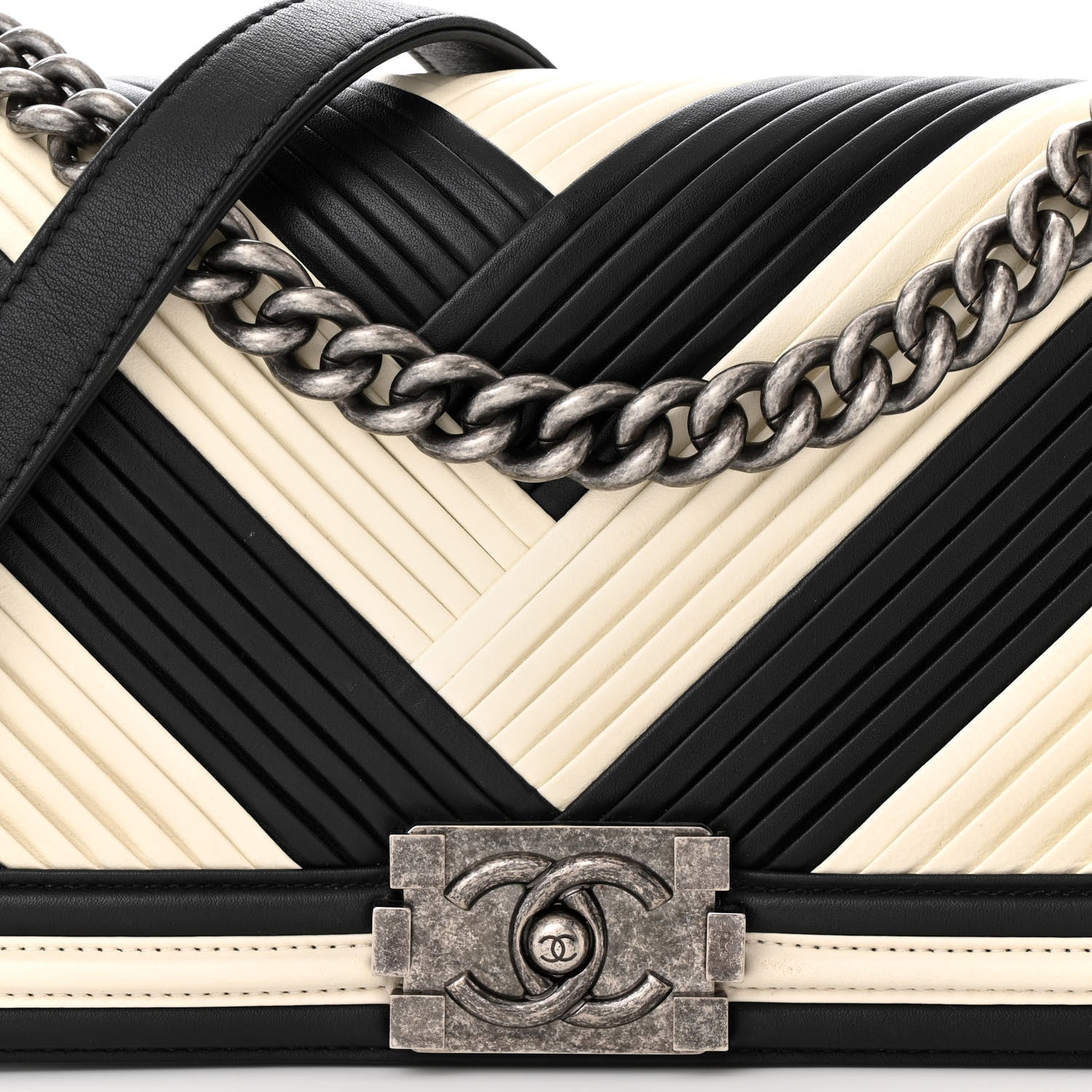 Chanel Calfskin Pleated Medium Boy In Rome Flap Black White 8 of 11