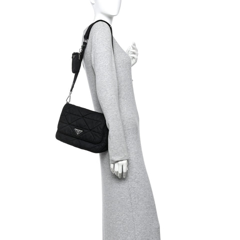 Re-Nylon Quilted Padded Flap Shoulder Bag Black
