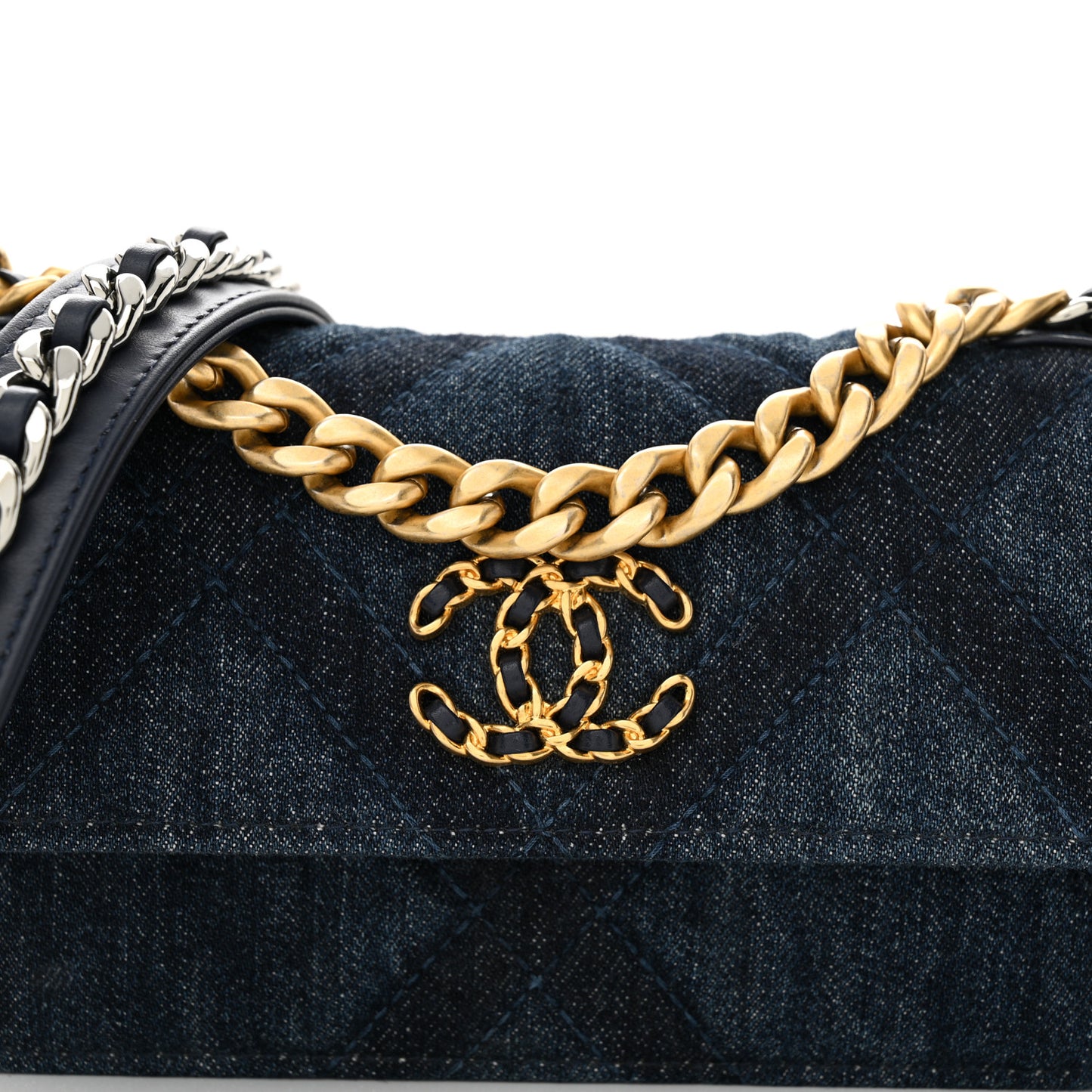 Denim Quilted Chanel 19 Flap Phone Holder With Chain Blue