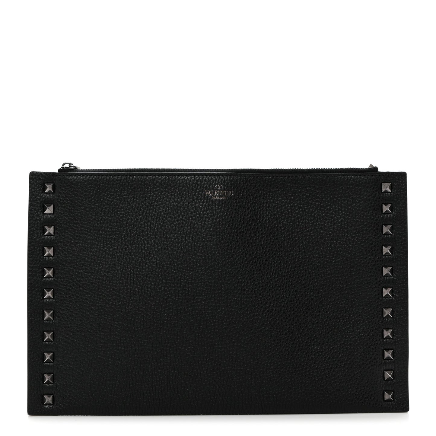 Pebbled Calfskin Large Rockstud Flat Zip Pouch Black