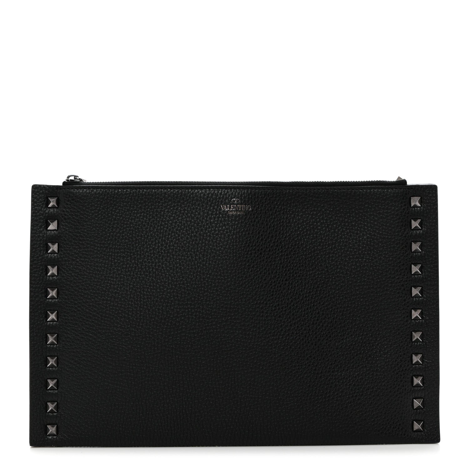 Valentino Garavani Pebbled Calfskin Large Rockstud Flat Zip Pouch Black 1 of 7