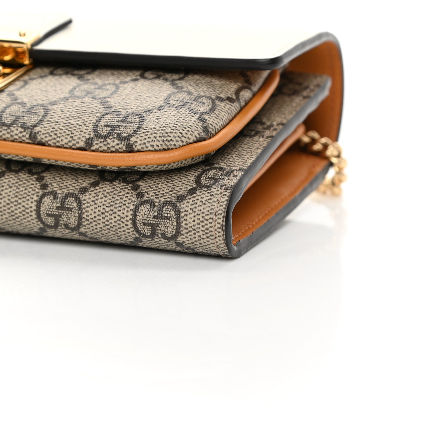 GG Supreme Monogram Calfskin Padlock Chain Wallet Beige Mystic White Sun Oil
