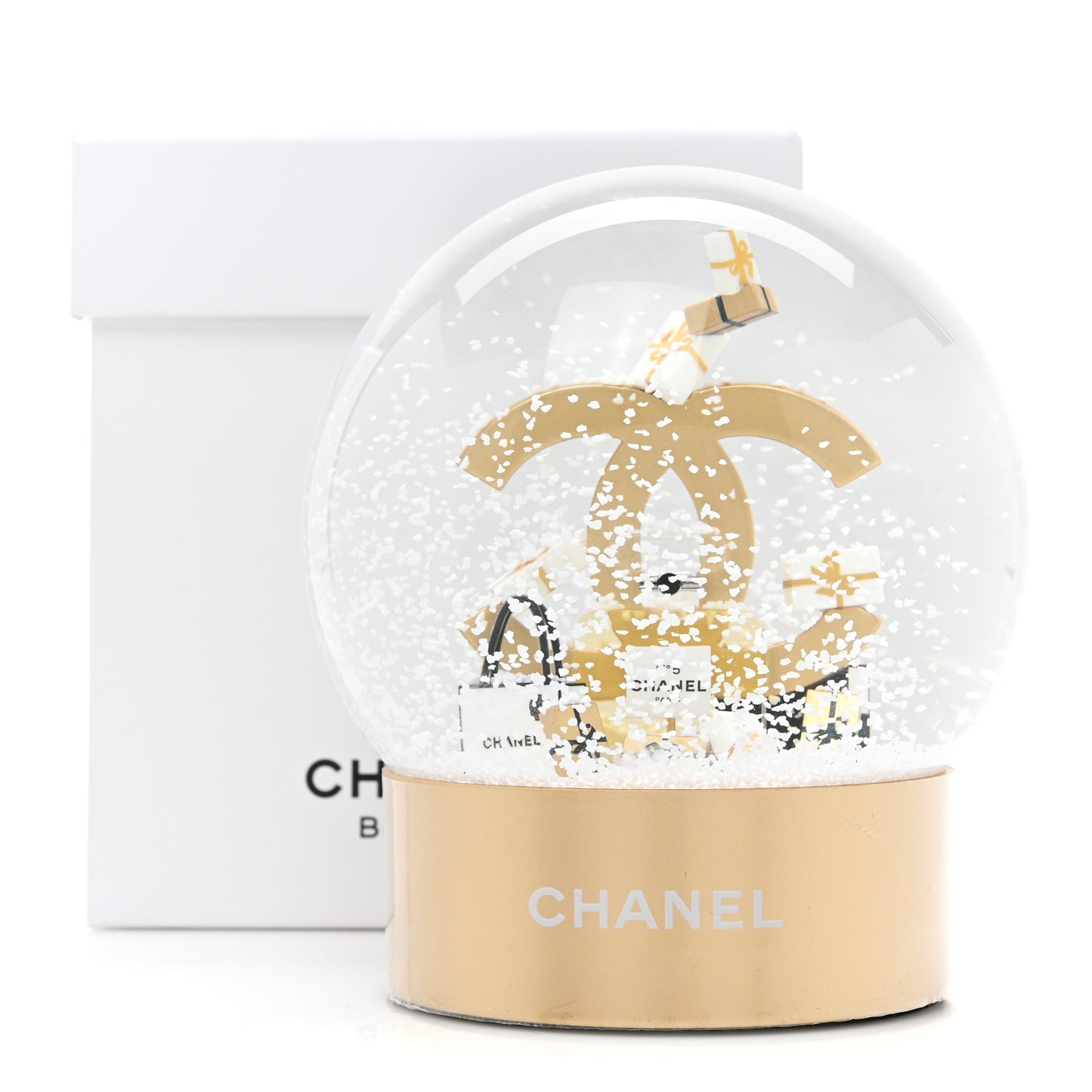 Glass CC Shopping Bag Snow Globe Gold