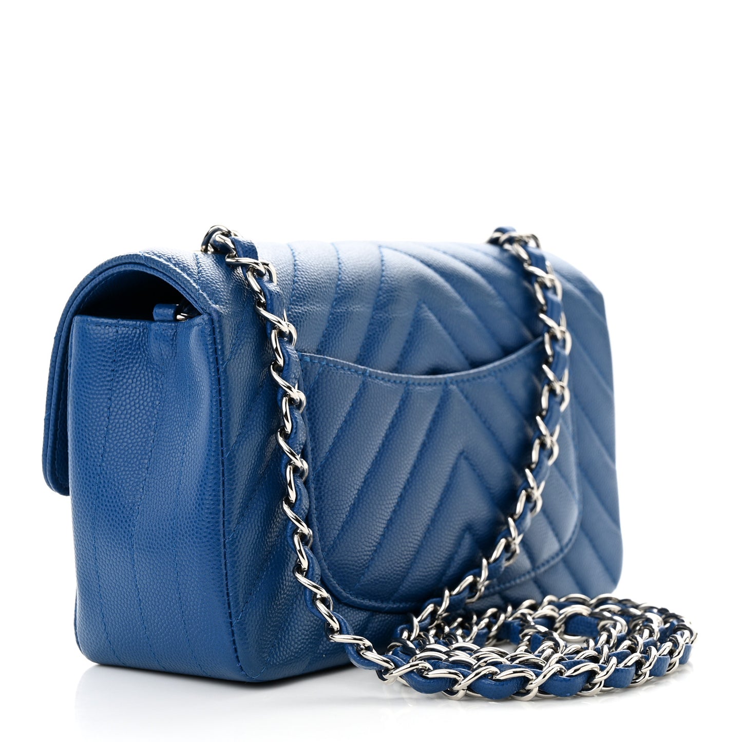 Caviar Chevron Quilted Mini Rectangular Flap Blue