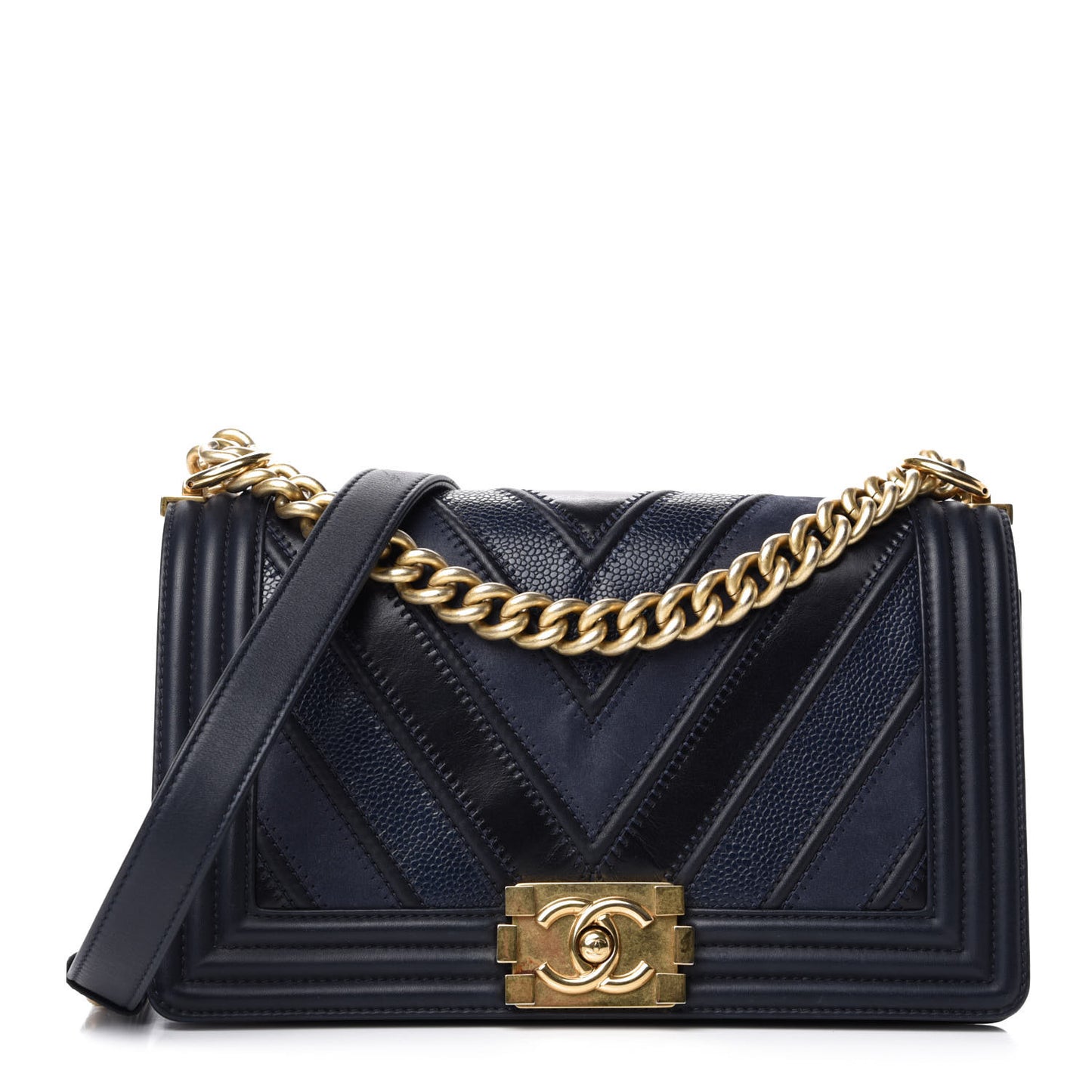 Caviar Suede Calfskin Chevron Medium Boy Flap Navy