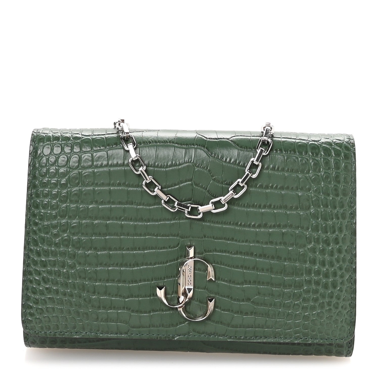 Jimmy Choo Calfskin Crocodile Embossed Varenne Chain Clutch Dark