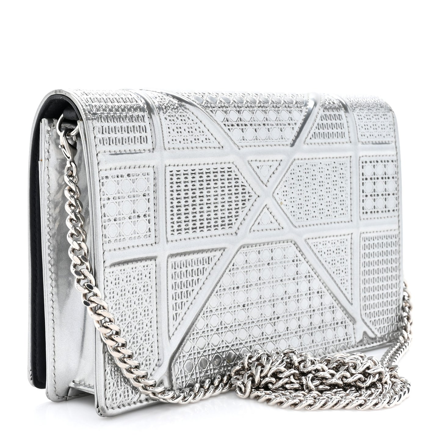Metallic Patent Micro-Cannage Diorama Wallet on Chain Pouch Silver