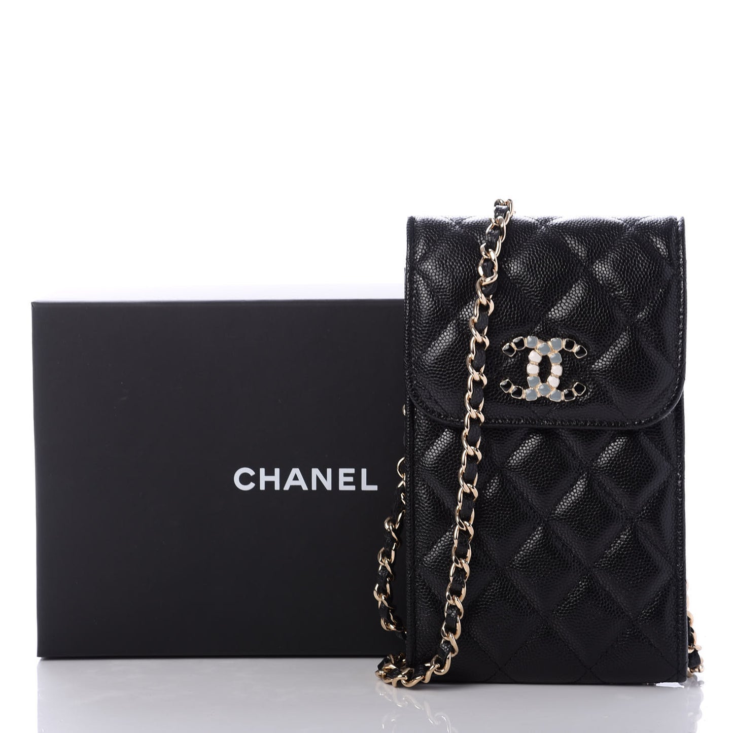 Caviar Quilted Crystal CC Airpods Pro and Phone Case With Chain Black