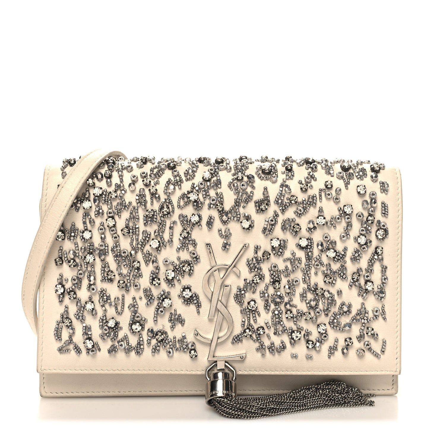 Calfskin Bead Embellished Kate Monogram Tassel Chain Wallet White