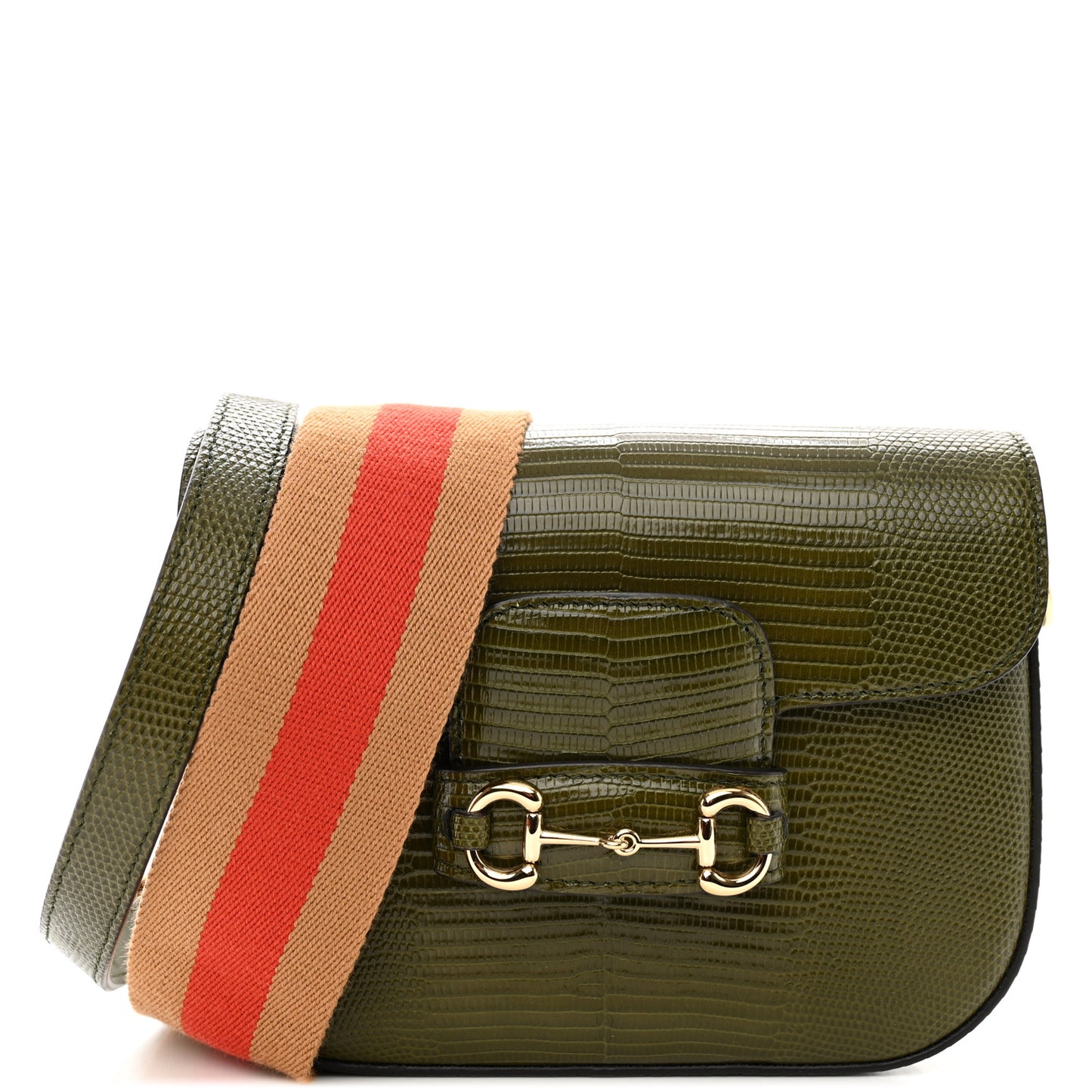 Lizard Web Mini Horsebit 1955 Shoulder Bag Green
