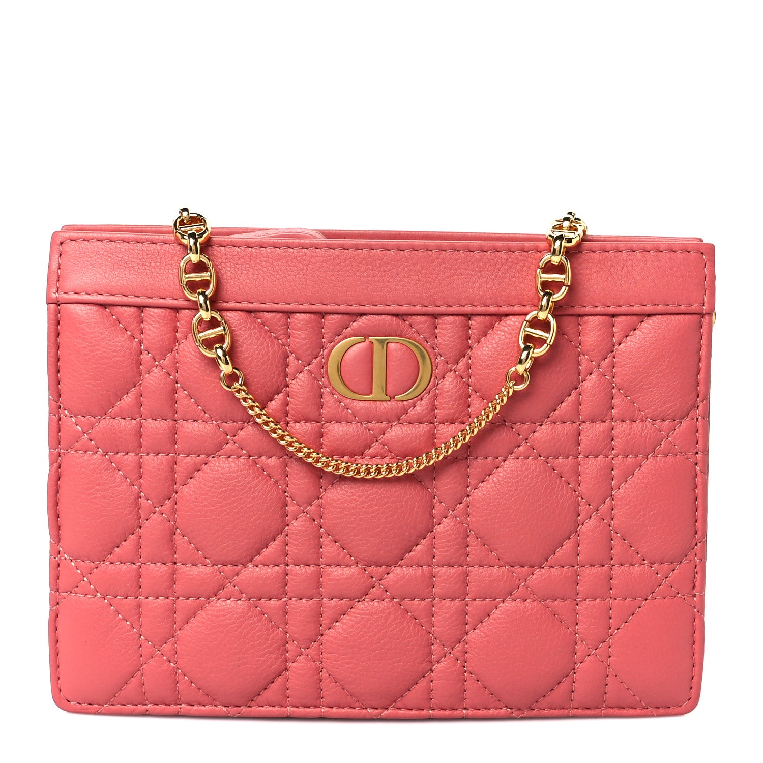 Christian Dior Calfskin Cannage Caro Zipped Pouch With Chain Coral
