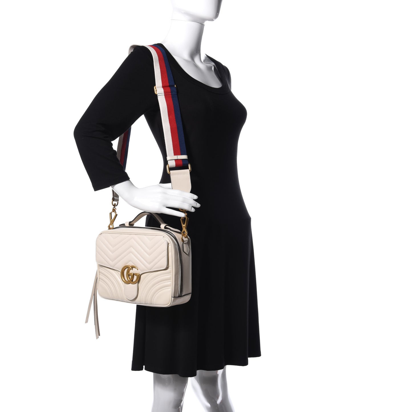 Calfskin Matelasse Sylvie Web Small GG Marmont Top Handle Shoulder Bag White