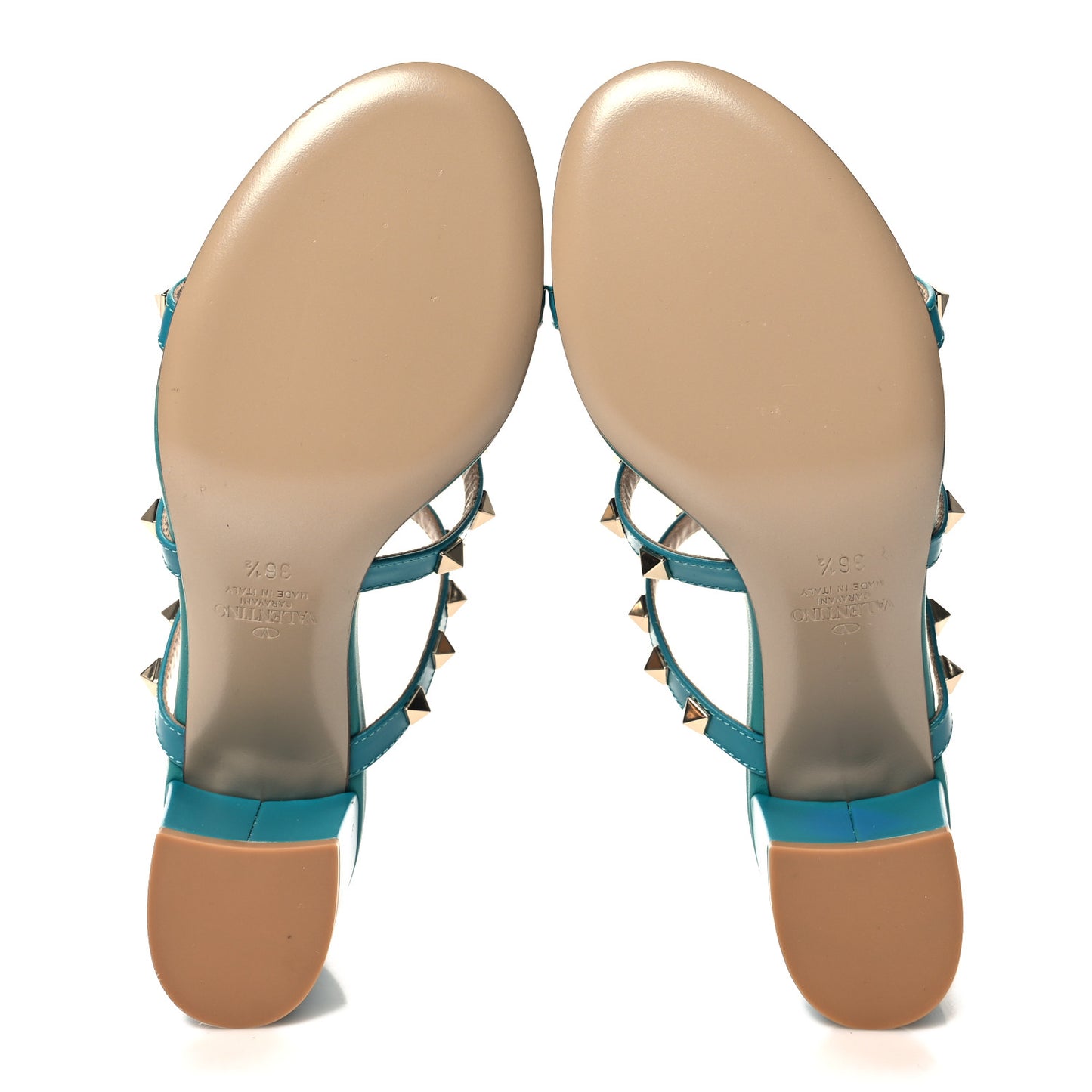 Calfskin Nappa Rockstud 60mm Caged Slide Sandals 36.5 Ultra Marine Green