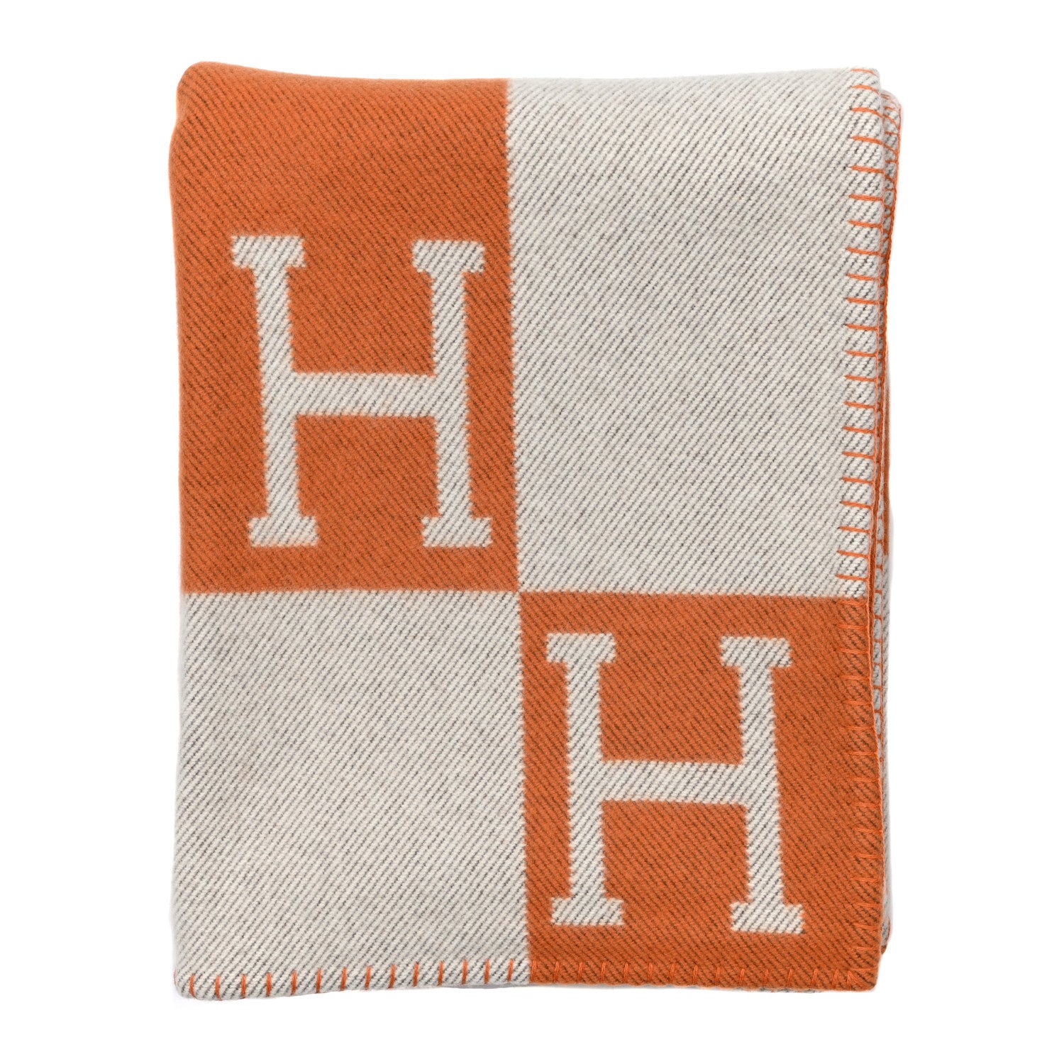 Hermes Wool Cashmere Signature Classic Avalon Blanket Ecru Potiron 1 of 3