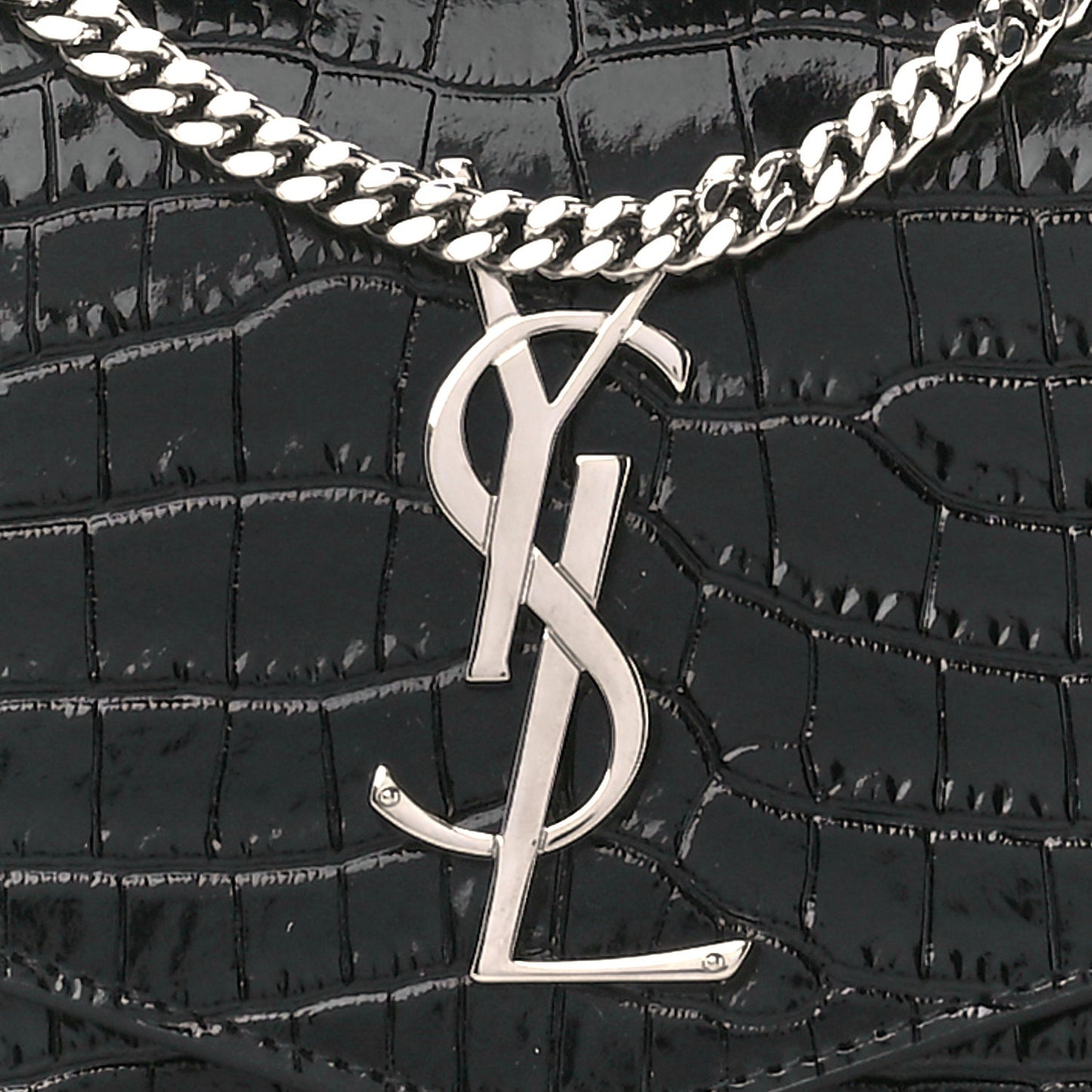 Calfskin Crocodile Embossed Monogram Uptown Chain Wallet Black
