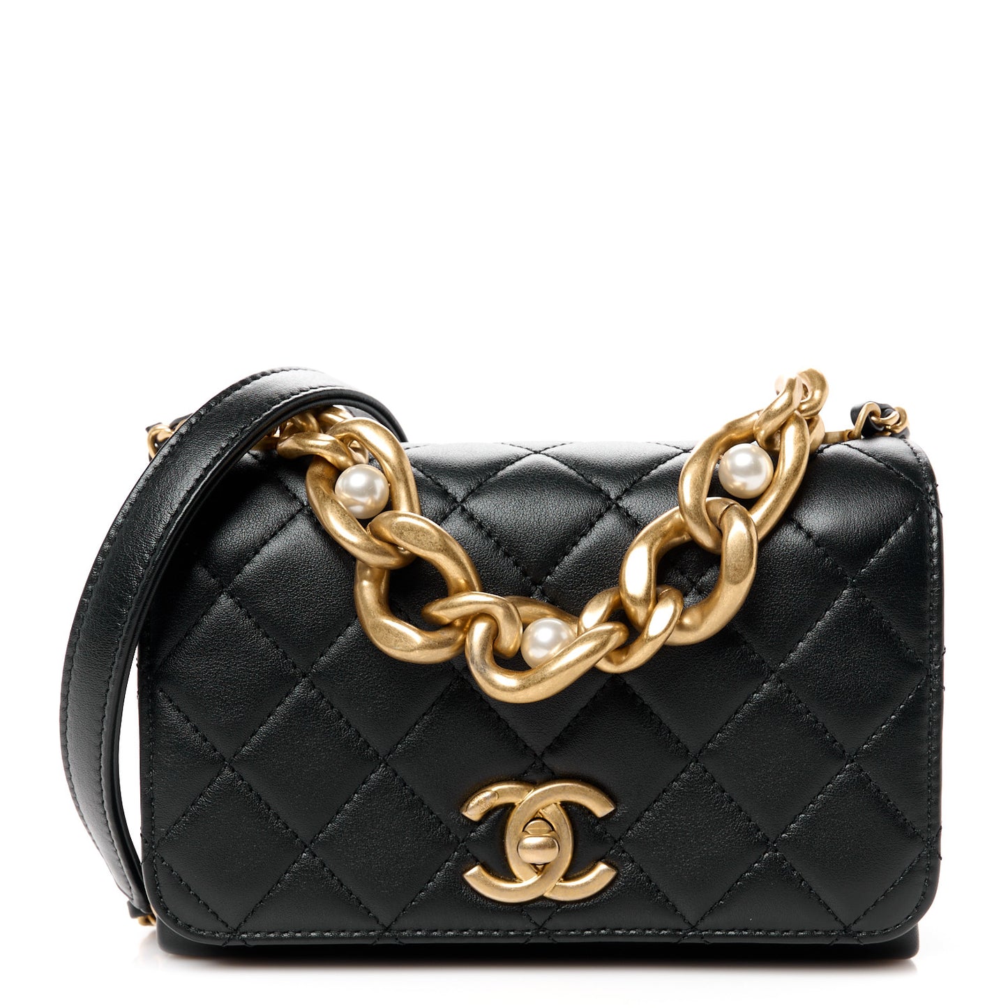 Calfskin Quilted Pearl Jewel Chain Flap Black