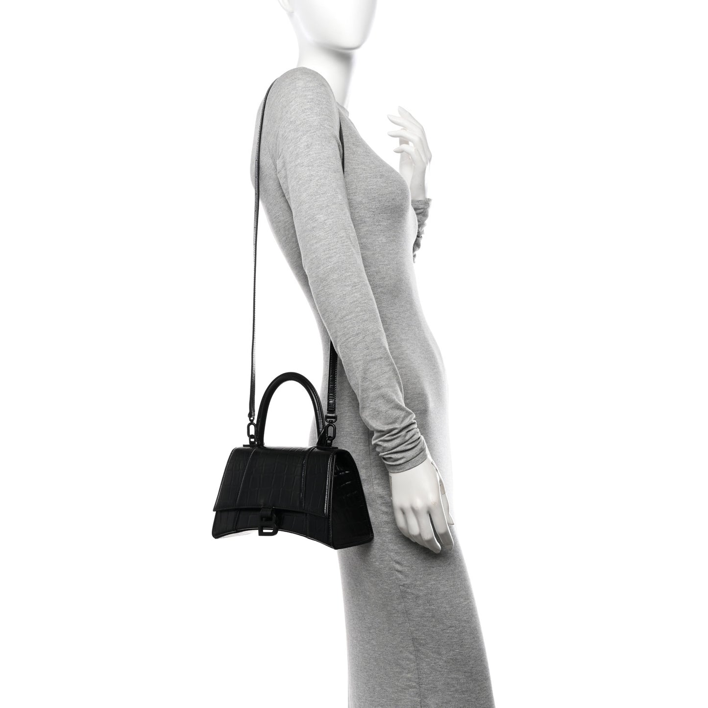 Shiny Calfskin Monochrome Crocodile Embossed Small Hourglass Top Handle Bag Black