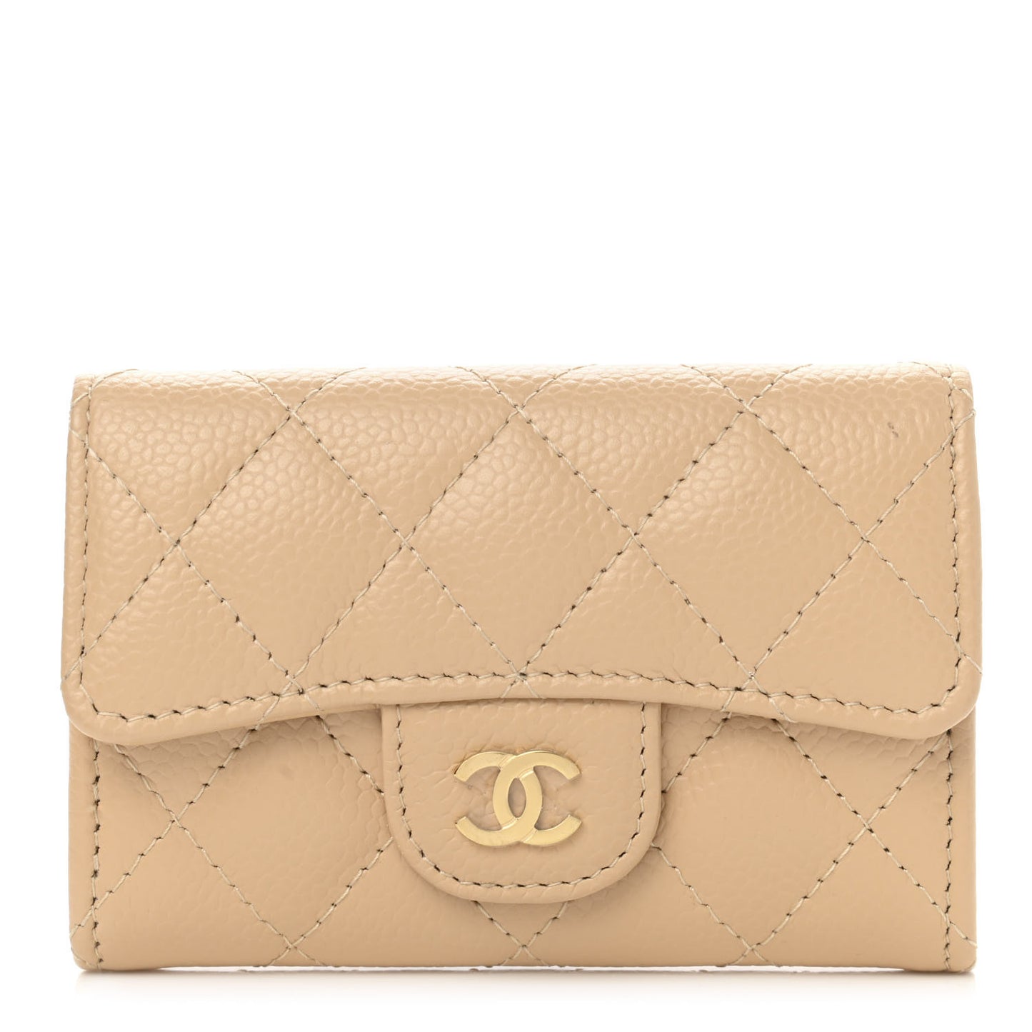 Caviar Quilted Flap Card Holder Wallet Beige