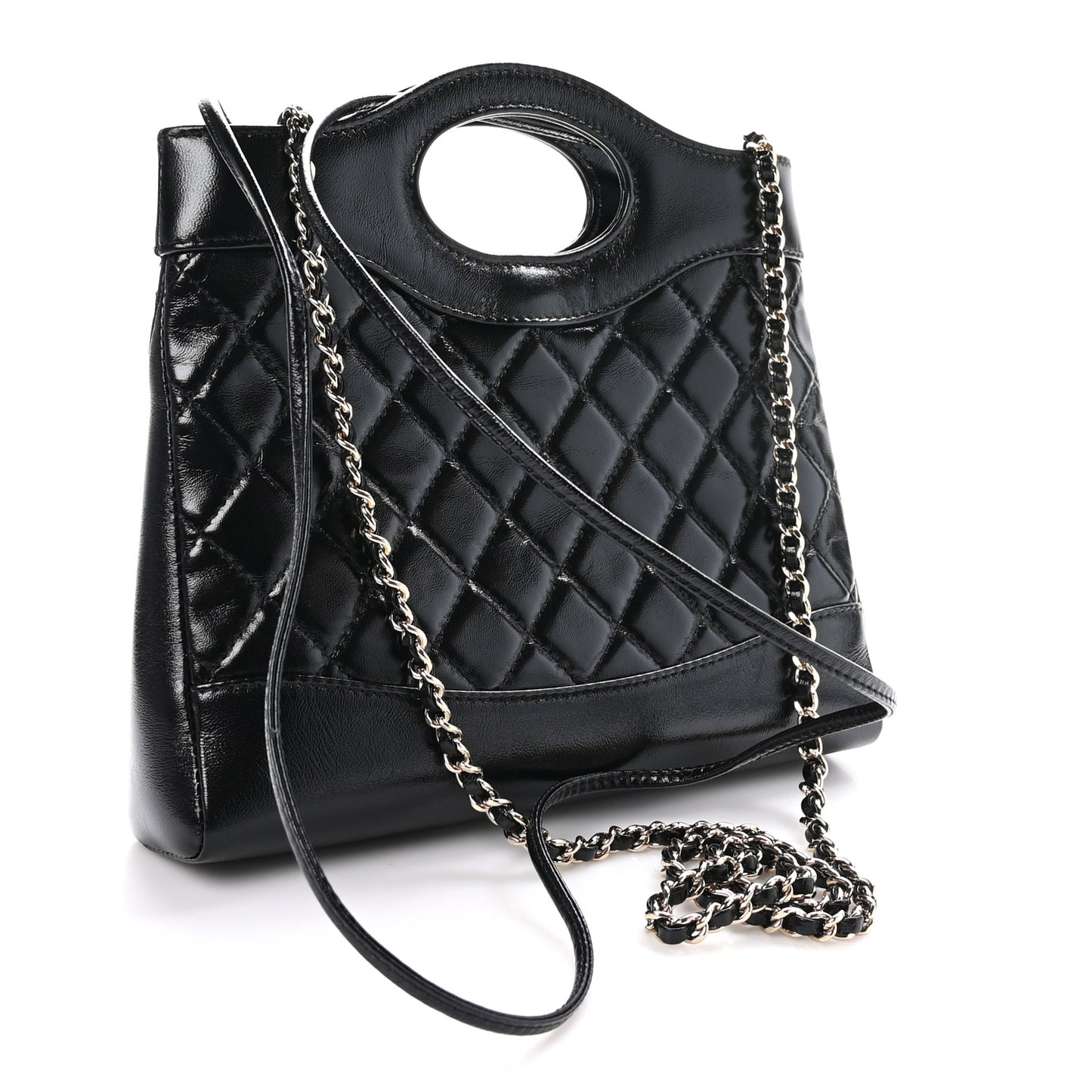 Shiny Crumpled Calfskin Quilted Mini 31 Shopping Bag Black