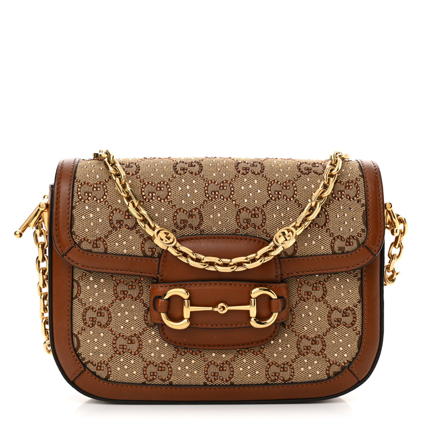 New Canvas Charisma Calfskin Crystal GG Monogram Mini Horsebit 1955 Shoulder Bag Camel Ebony