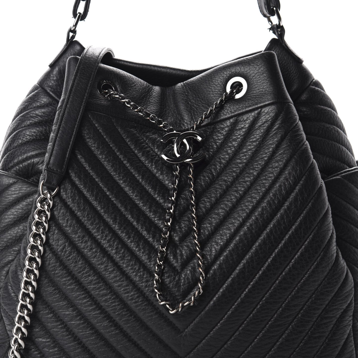 Deerskin Chevron Large CC Chain Bucket Drawstring Bag Black