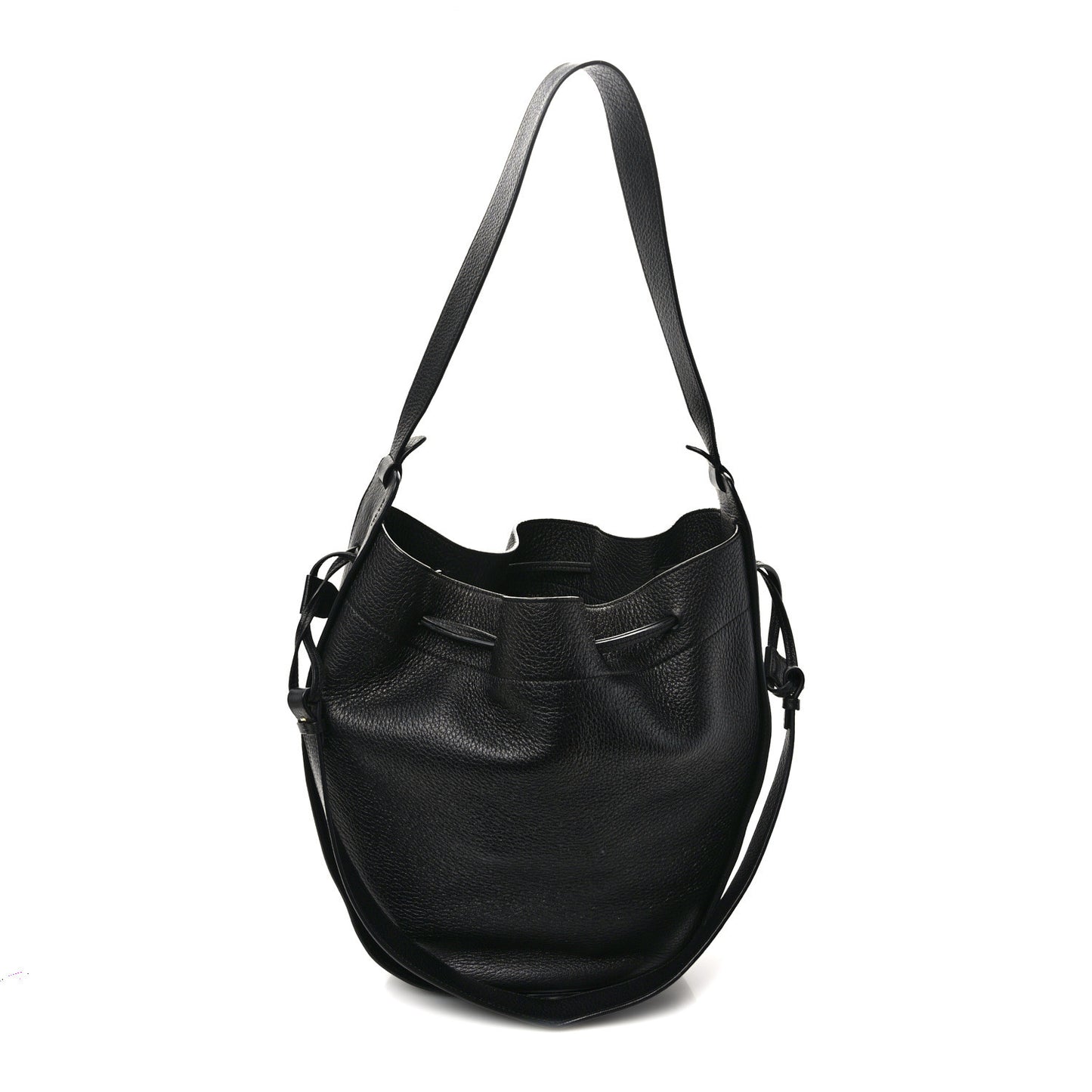 Grained Calfskin Drawstring Bucket Bag Black