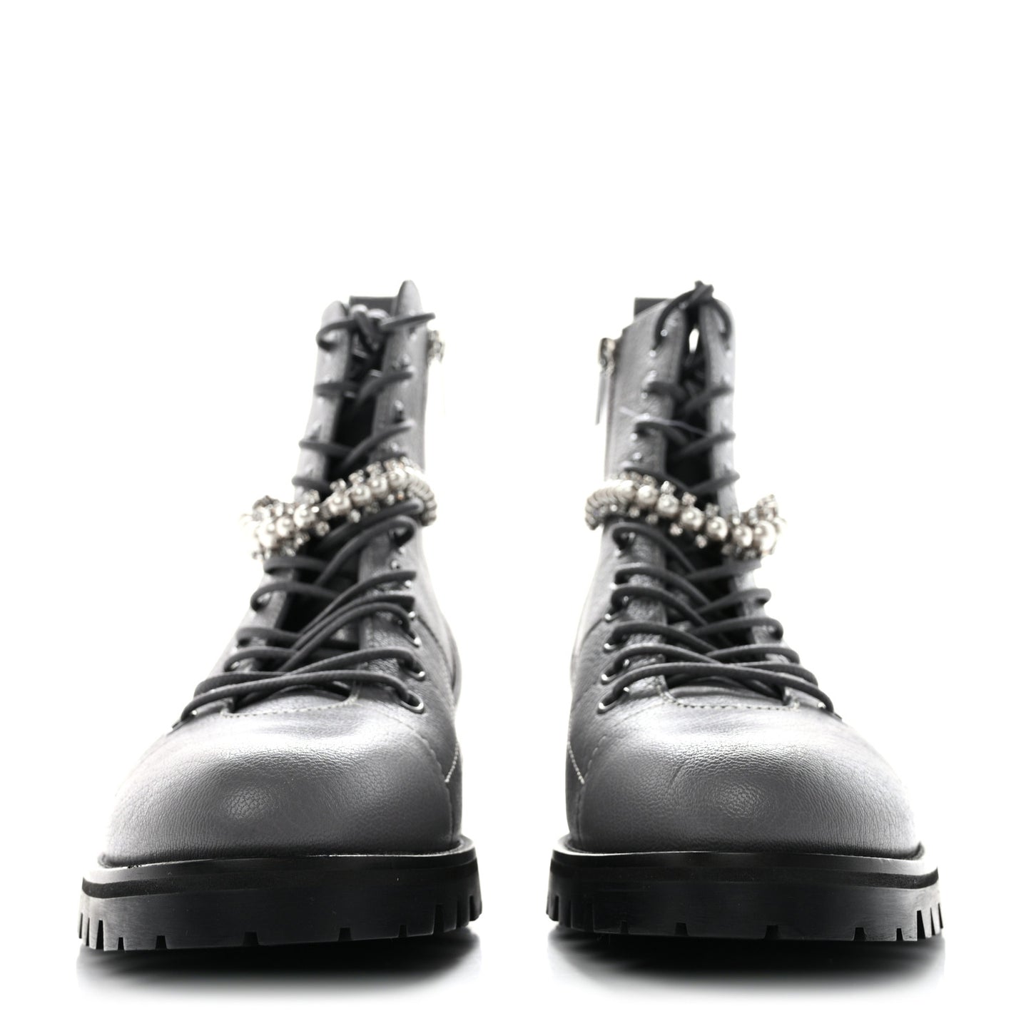 Grained Calfskin Crystal Embellished Cruz Combat Boots 37 Grey