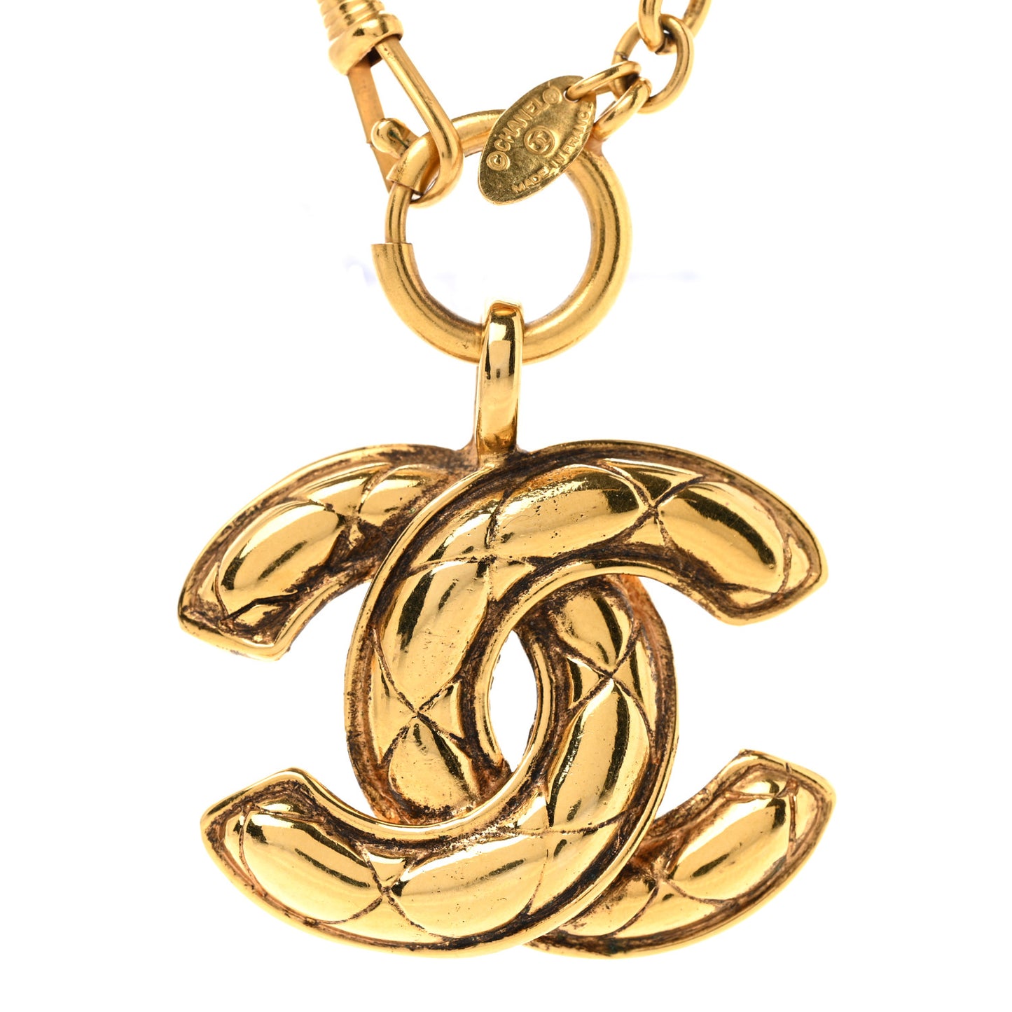 Metal Quilted CC Long Necklace Gold