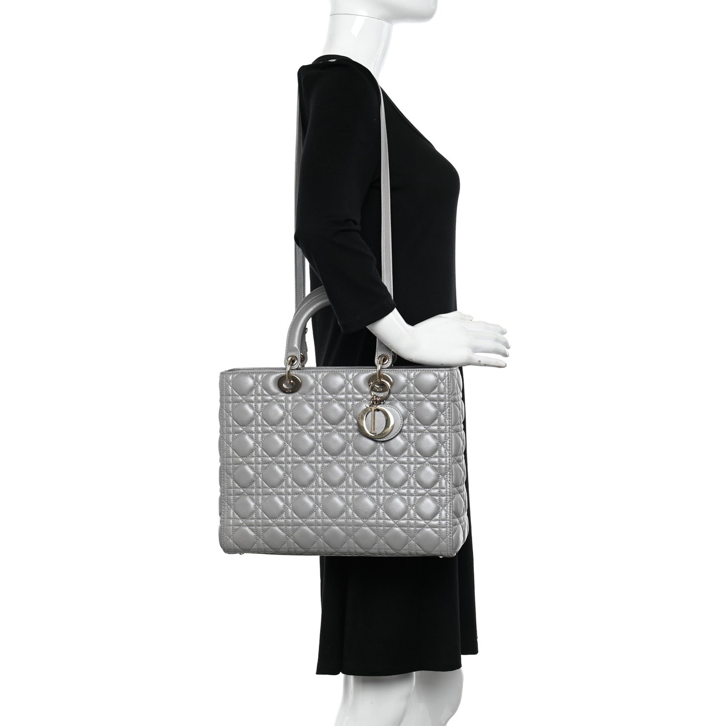 Metallic Lambskin Cannage Large Lady Dior Light Grey